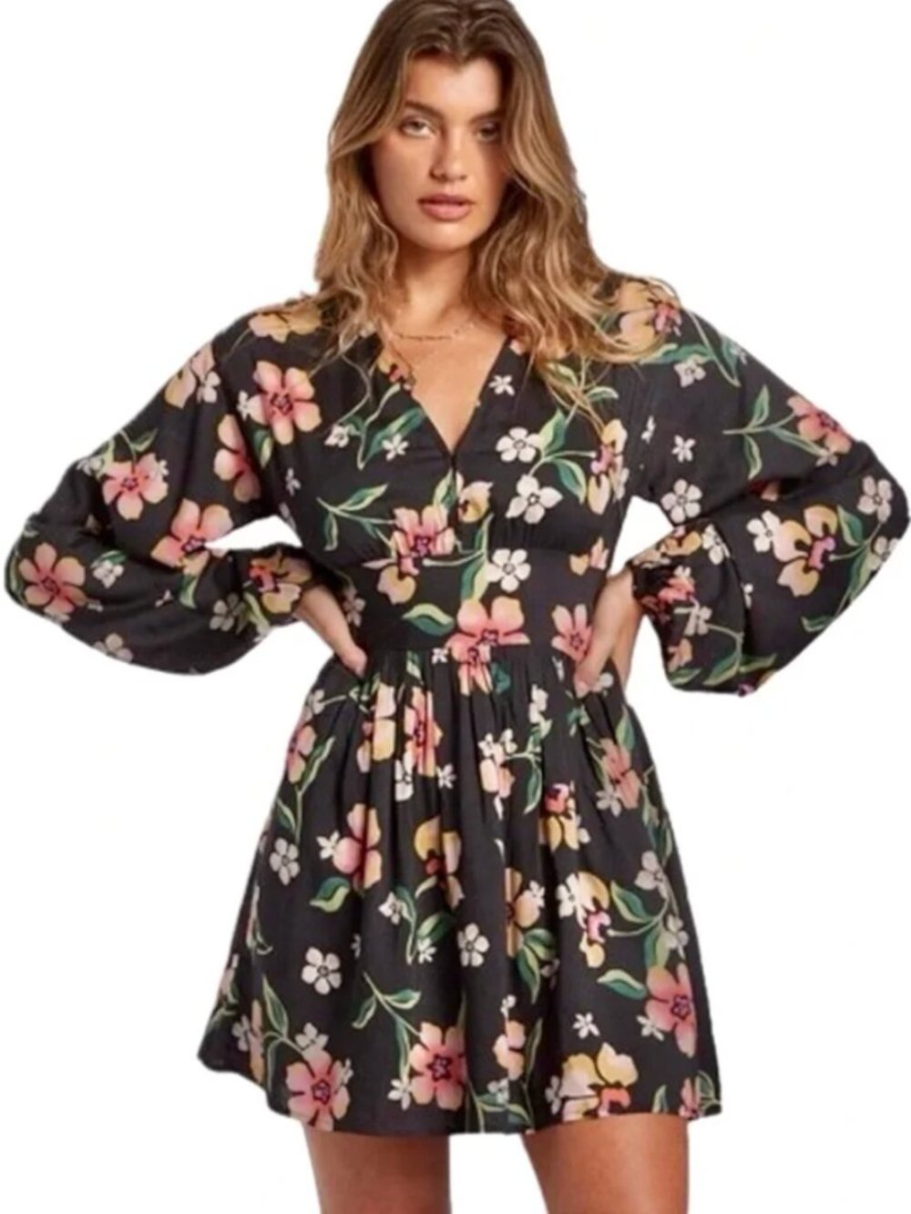 NWT BILLABONG Night Bloom Black Floral V-Neck Mini Dress sz XS